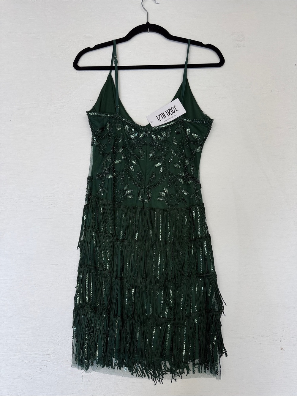 🪩NWT Embellished Emerald Green Fringe Slip Dress - Picture 2 of 5